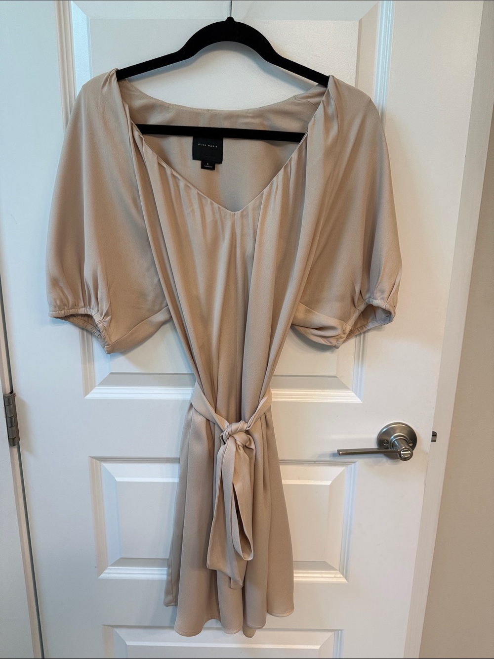 Alex Marie Beige Tie-Waist V-Neck Mini Dress